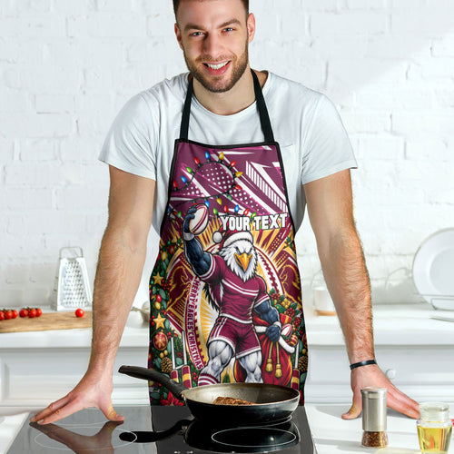 Personalized Manly Warringah Sea Eagles Rugby Christmas Apron Holiday Mascot Graphic Art Festive Lights Bow
