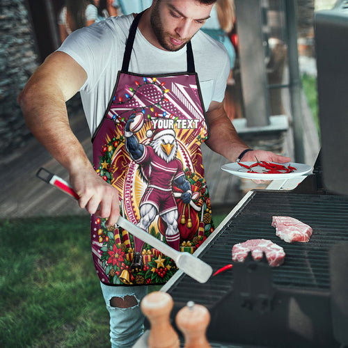 Personalized Manly Warringah Sea Eagles Rugby Christmas Apron Holiday Mascot Graphic Art Festive Lights Bow