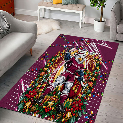 Personalized Manly Warringah Sea Eagles Rugby Christmas Area Rug Holiday Mascot Graphic Art Festive Lights Bow