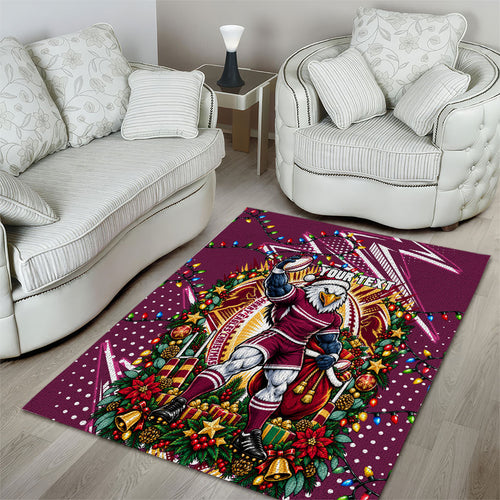 Personalized Manly Warringah Sea Eagles Rugby Christmas Area Rug Holiday Mascot Graphic Art Festive Lights Bow