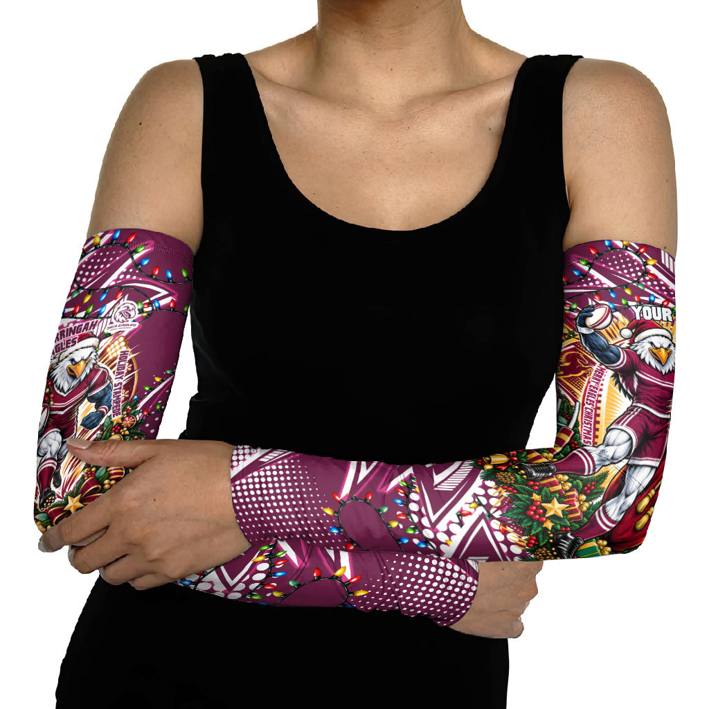 Personalized Manly Warringah Sea Eagles Rugby Christmas Arm Sleeves Holiday Mascot Graphic Art Festive Lights Bow