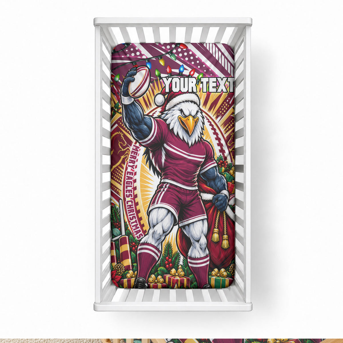 Personalized Manly Warringah Sea Eagles Rugby Christmas Baby Bed Cover Holiday Mascot Graphic Art Festive Lights Bow