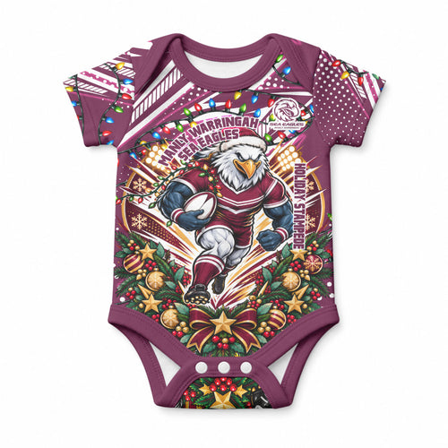 Personalized Manly Warringah Sea Eagles Rugby Christmas Baby Onesie Holiday Mascot Graphic Art Festive Lights Bow