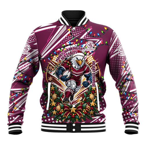 Personalized Manly Warringah Sea Eagles Rugby Christmas Baseball Jacket Holiday Mascot Graphic Art Festive Lights Bow
