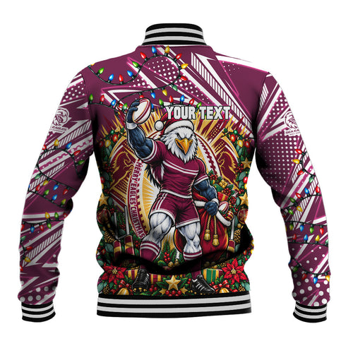Personalized Manly Warringah Sea Eagles Rugby Christmas Baseball Jacket Holiday Mascot Graphic Art Festive Lights Bow