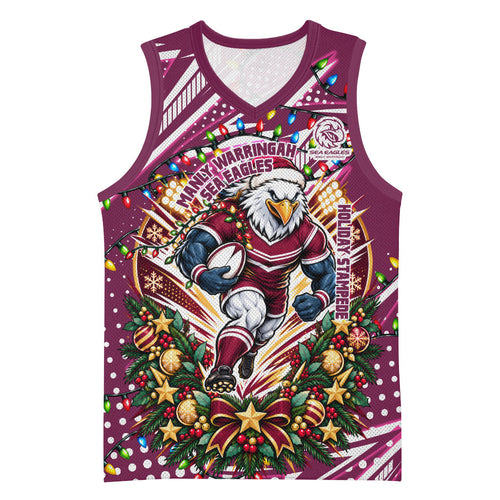 Personalized Manly Warringah Sea Eagles Rugby Christmas Basketball Jersey Holiday Mascot Graphic Art Festive Lights Bow