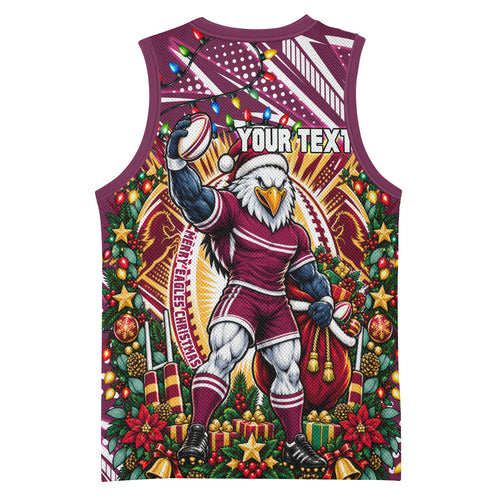 Personalized Manly Warringah Sea Eagles Rugby Christmas Basketball Jersey Holiday Mascot Graphic Art Festive Lights Bow