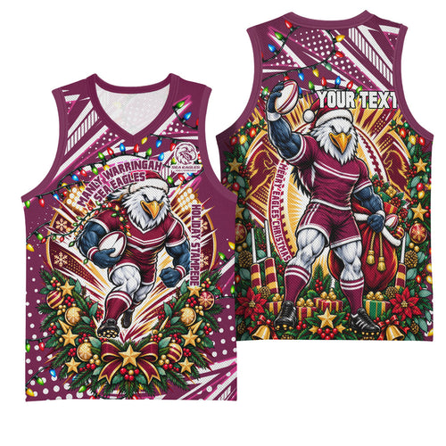 Personalized Manly Warringah Sea Eagles Rugby Christmas Basketball Jersey Holiday Mascot Graphic Art Festive Lights Bow