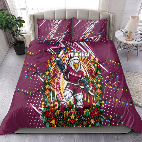 Personalized Manly Warringah Sea Eagles Rugby Christmas Bedding Set Holiday Mascot Graphic Art Festive Lights Bow