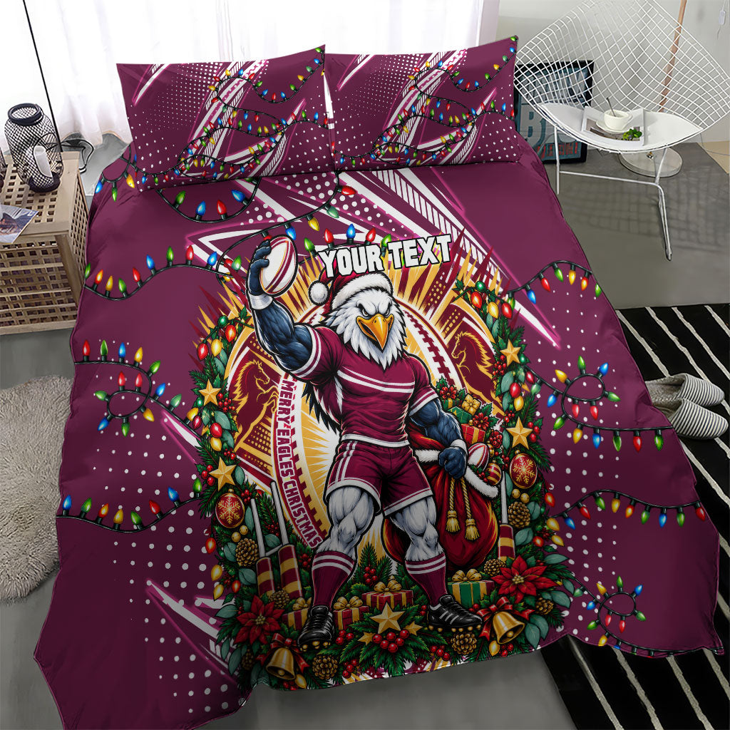 Personalized Manly Warringah Sea Eagles Rugby Christmas Bedding Set Holiday Mascot Graphic Art Festive Lights Bow
