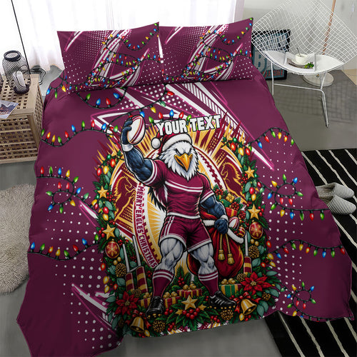 Personalized Manly Warringah Sea Eagles Rugby Christmas Bedding Set Holiday Mascot Graphic Art Festive Lights Bow