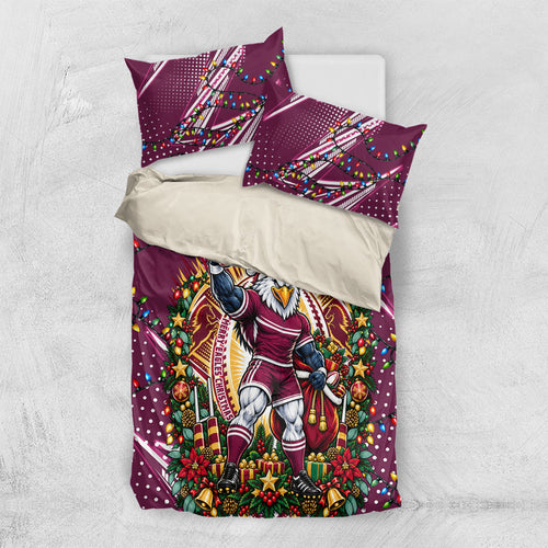 Personalized Manly Warringah Sea Eagles Rugby Christmas Bedding Set Holiday Mascot Graphic Art Festive Lights Bow