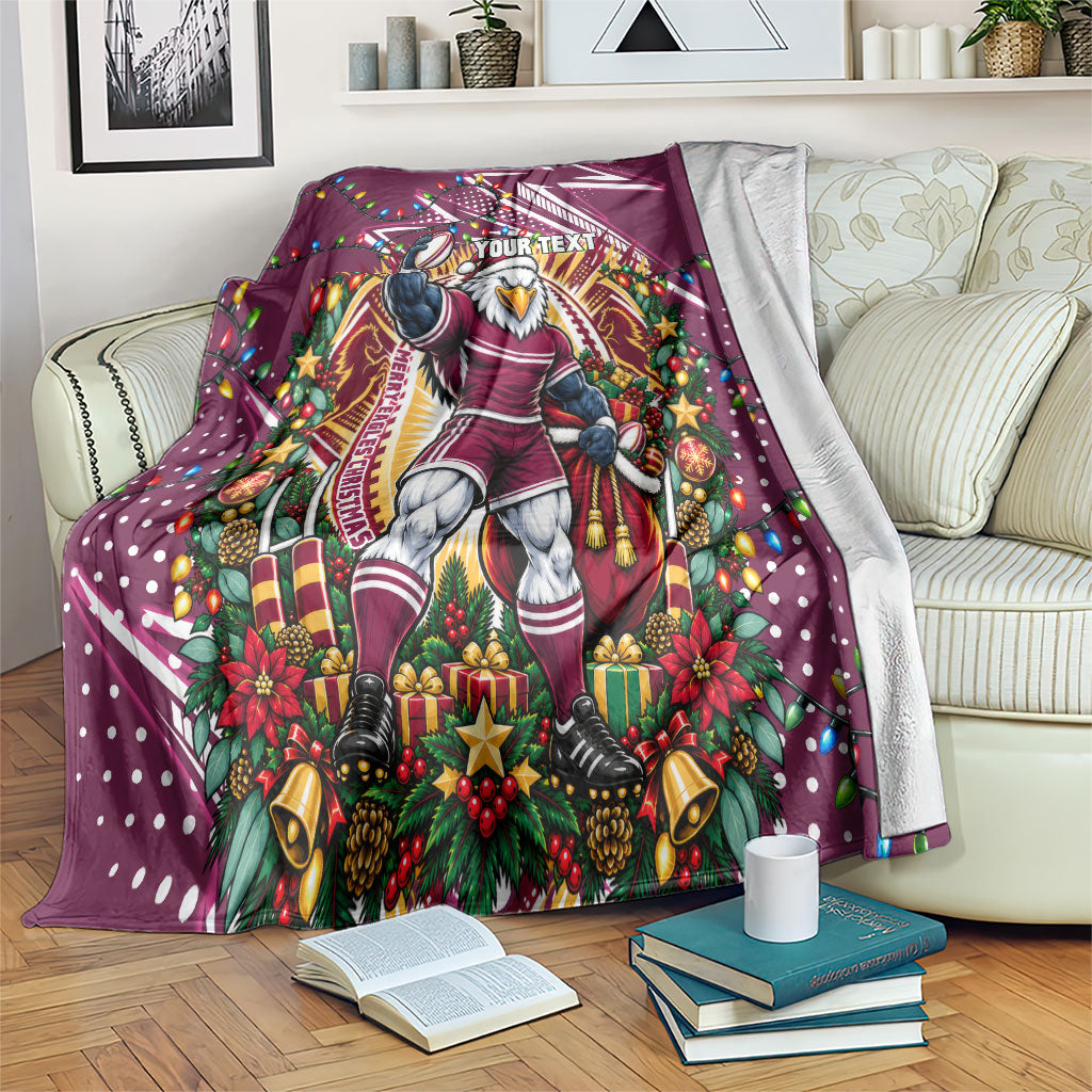 Personalized Manly Warringah Sea Eagles Rugby Christmas Blanket Holiday Mascot Graphic Art Festive Lights Bow