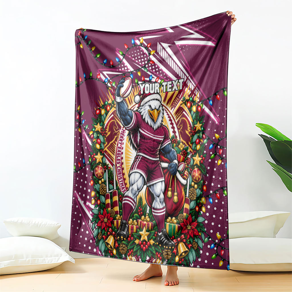 Personalized Manly Warringah Sea Eagles Rugby Christmas Blanket Holiday Mascot Graphic Art Festive Lights Bow