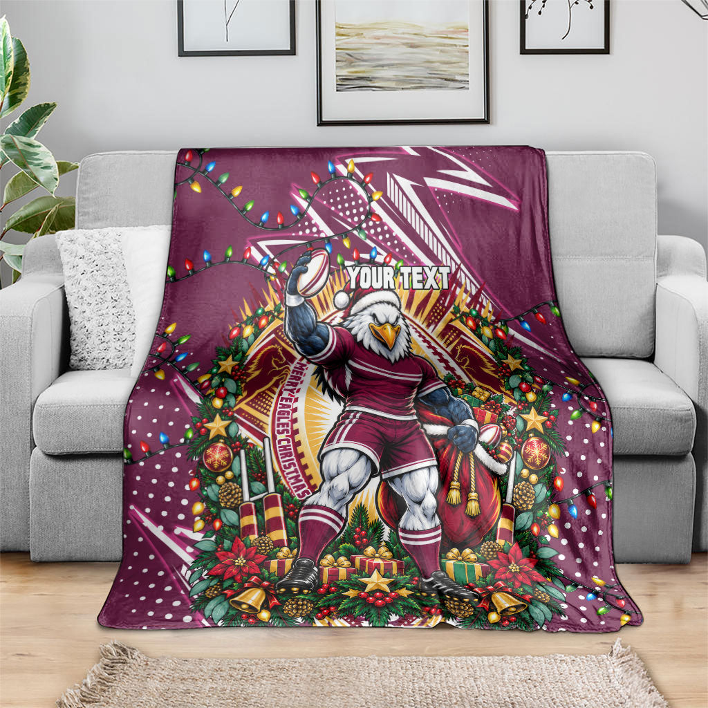Personalized Manly Warringah Sea Eagles Rugby Christmas Blanket Holiday Mascot Graphic Art Festive Lights Bow