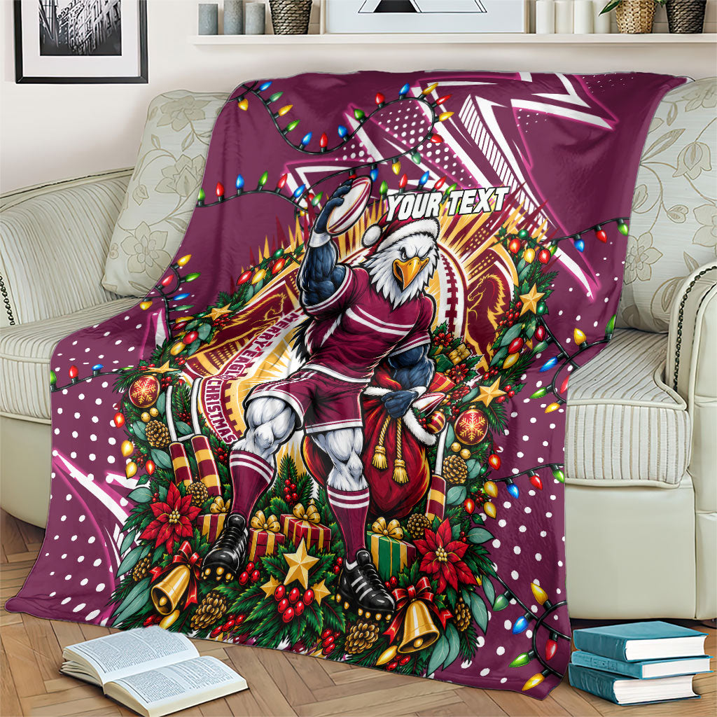 Personalized Manly Warringah Sea Eagles Rugby Christmas Blanket Holiday Mascot Graphic Art Festive Lights Bow