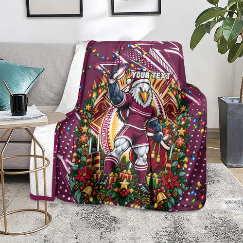 Personalized Manly Warringah Sea Eagles Rugby Christmas Blanket Holiday Mascot Graphic Art Festive Lights Bow