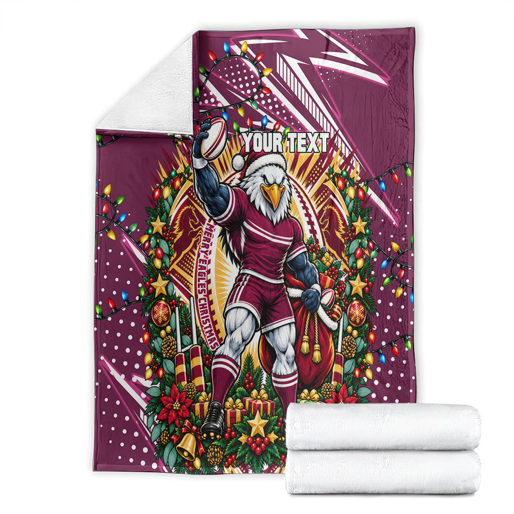 Personalized Manly Warringah Sea Eagles Rugby Christmas Blanket Holiday Mascot Graphic Art Festive Lights Bow