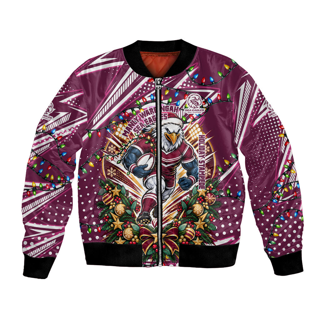 Personalized Manly Warringah Sea Eagles Rugby Christmas Bomber Jacket Holiday Mascot Graphic Art Festive Lights Bow