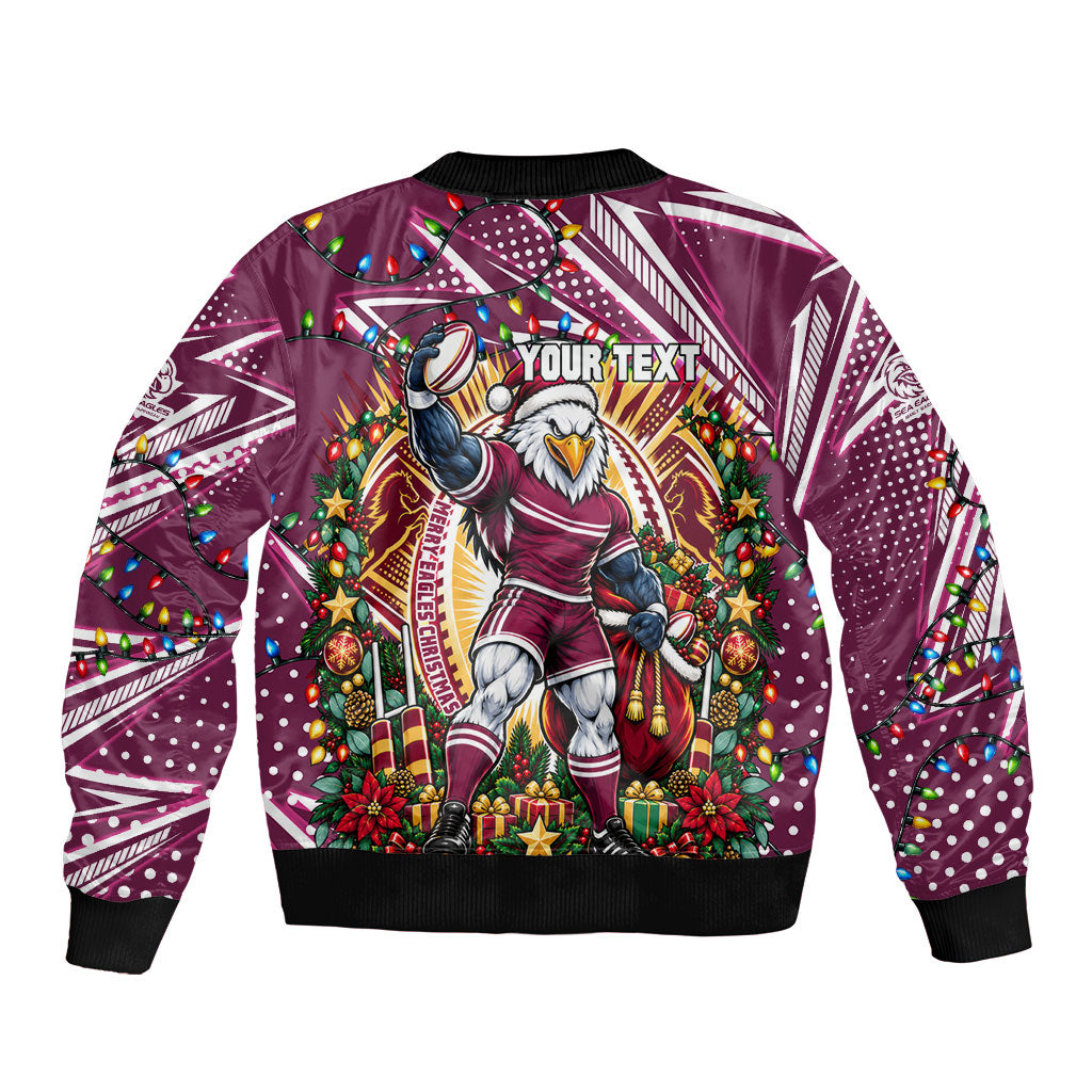 Personalized Manly Warringah Sea Eagles Rugby Christmas Bomber Jacket Holiday Mascot Graphic Art Festive Lights Bow