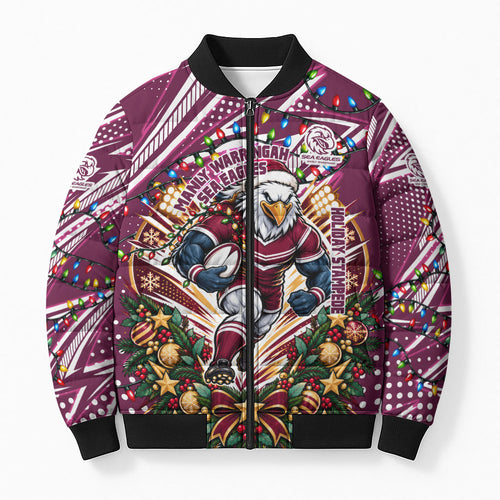Personalized Manly Warringah Sea Eagles Rugby Christmas Bomber Puffer Jacket Holiday Mascot Graphic Art Festive Lights Bow
