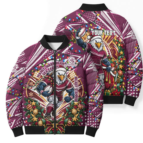 Personalized Manly Warringah Sea Eagles Rugby Christmas Bomber Puffer Jacket Holiday Mascot Graphic Art Festive Lights Bow