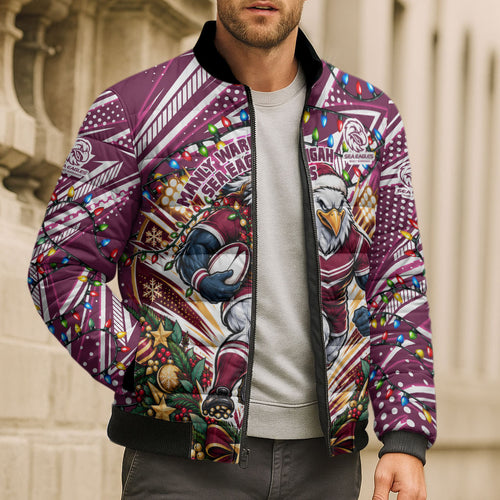 Personalized Manly Warringah Sea Eagles Rugby Christmas Bomber Puffer Jacket Holiday Mascot Graphic Art Festive Lights Bow