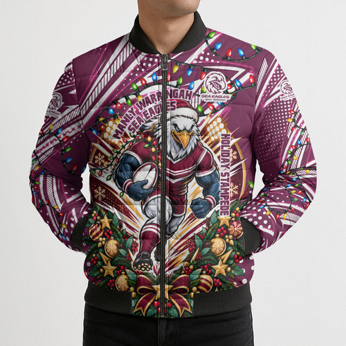 Personalized Manly Warringah Sea Eagles Rugby Christmas Bomber Puffer Jacket Holiday Mascot Graphic Art Festive Lights Bow