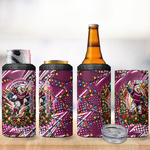 Personalized Manly Warringah Sea Eagles Rugby Christmas 4 in 1 Can Cooler Tumbler Holiday Mascot Graphic Art Festive Lights Bow