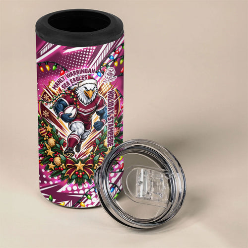 Personalized Manly Warringah Sea Eagles Rugby Christmas 4 in 1 Can Cooler Tumbler Holiday Mascot Graphic Art Festive Lights Bow