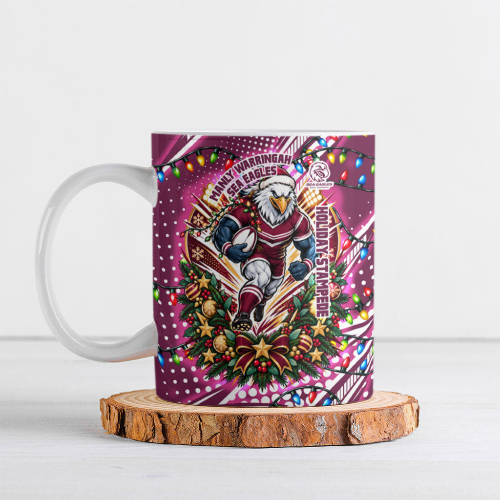 Personalized Manly Warringah Sea Eagles Rugby Christmas Ceramic Mug Holiday Mascot Graphic Art Festive Lights Bow