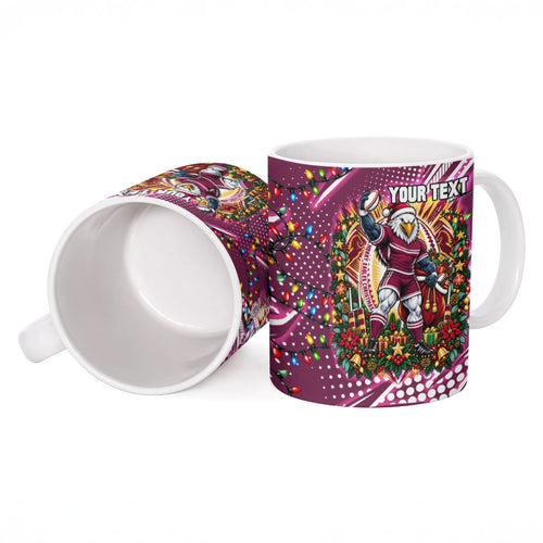 Personalized Manly Warringah Sea Eagles Rugby Christmas Ceramic Mug Holiday Mascot Graphic Art Festive Lights Bow