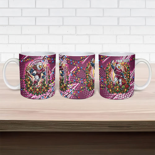 Personalized Manly Warringah Sea Eagles Rugby Christmas Ceramic Mug Holiday Mascot Graphic Art Festive Lights Bow