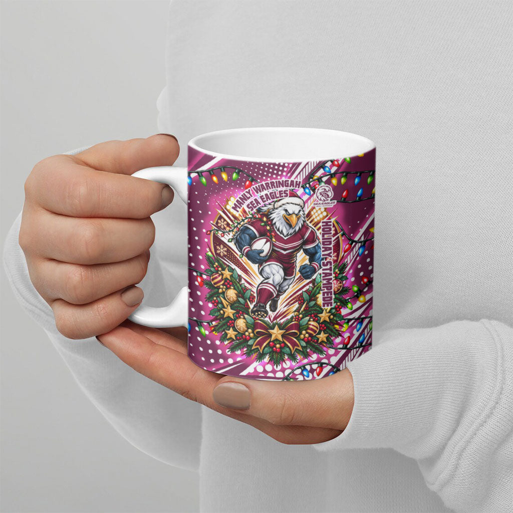 Personalized Manly Warringah Sea Eagles Rugby Christmas Ceramic Mug Holiday Mascot Graphic Art Festive Lights Bow