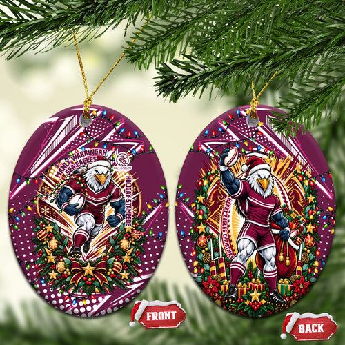 Manly Warringah Sea Eagles Rugby Christmas Ceramic Ornament Holiday Mascot Graphic Art Festive Lights Bow