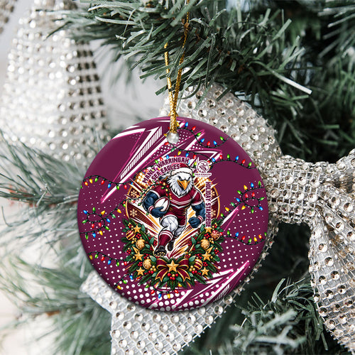 Manly Warringah Sea Eagles Rugby Christmas Ceramic Ornament Holiday Mascot Graphic Art Festive Lights Bow