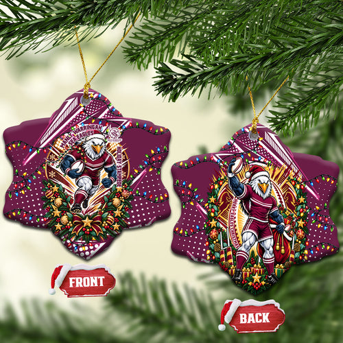 Manly Warringah Sea Eagles Rugby Christmas Ceramic Ornament Holiday Mascot Graphic Art Festive Lights Bow
