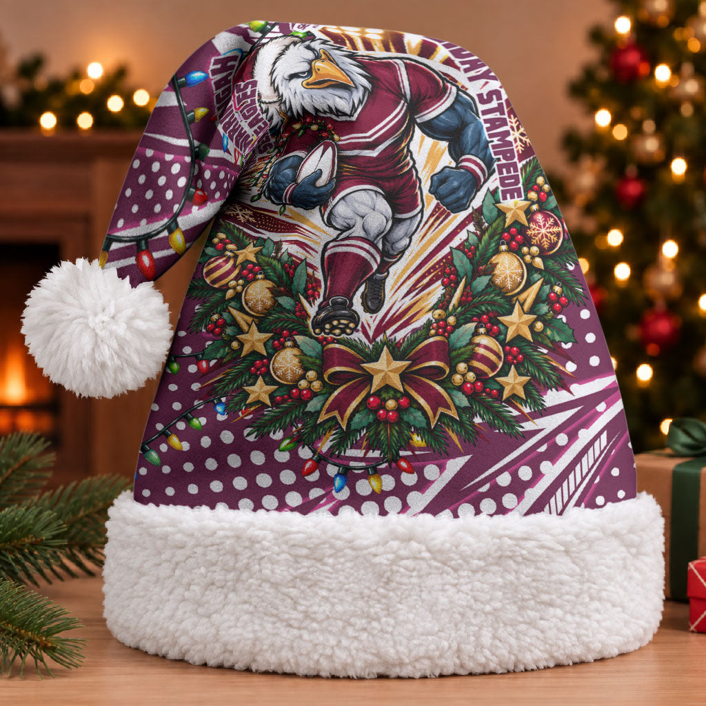 Manly Warringah Sea Eagles Rugby Christmas Santa Hat Holiday Mascot Graphic Art Festive Lights Bow