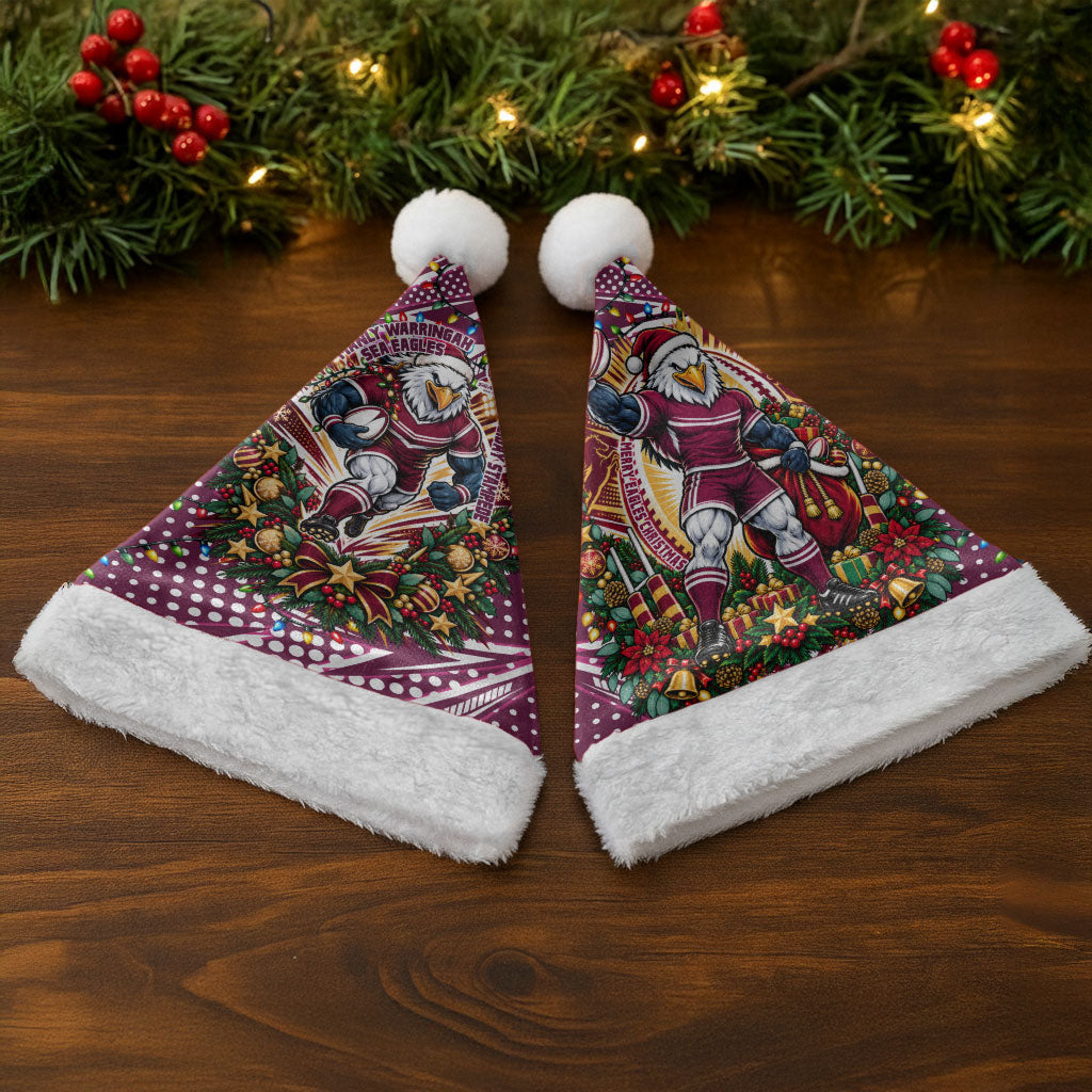 Manly Warringah Sea Eagles Rugby Christmas Santa Hat Holiday Mascot Graphic Art Festive Lights Bow