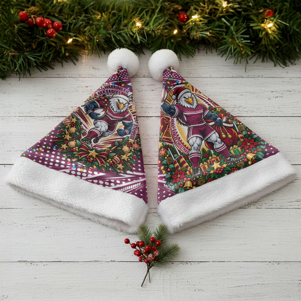 Manly Warringah Sea Eagles Rugby Christmas Santa Hat Holiday Mascot Graphic Art Festive Lights Bow