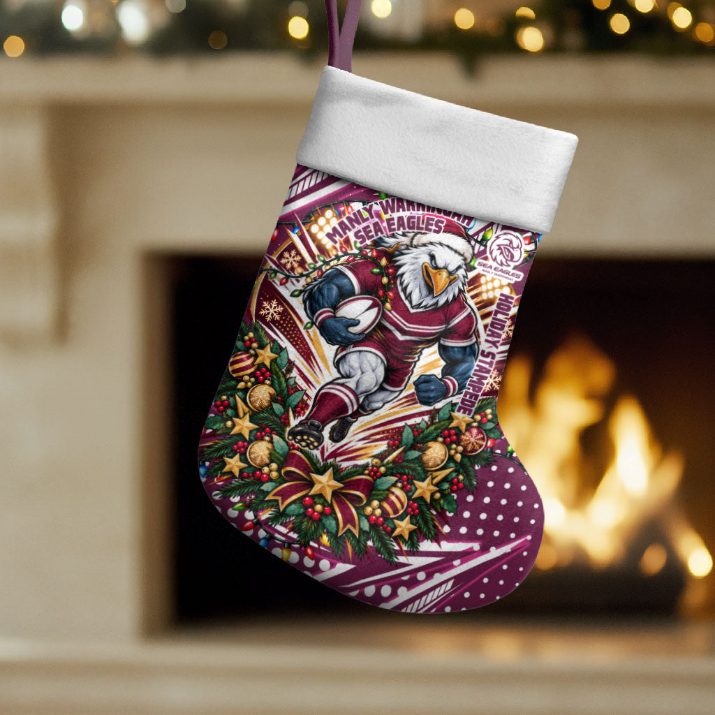 Manly Warringah Sea Eagles Rugby Christmas Stocking Holiday Mascot Graphic Art Festive Lights Bow