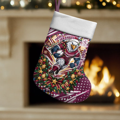 Manly Warringah Sea Eagles Rugby Christmas Stocking Holiday Mascot Graphic Art Festive Lights Bow