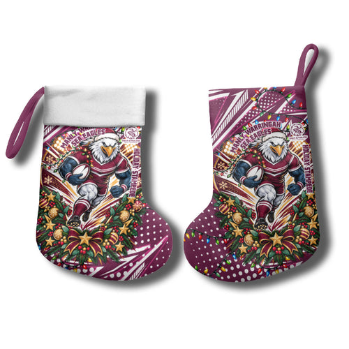 Manly Warringah Sea Eagles Rugby Christmas Stocking Holiday Mascot Graphic Art Festive Lights Bow