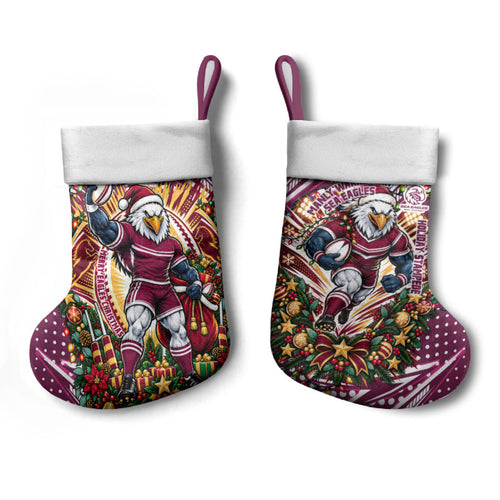 Manly Warringah Sea Eagles Rugby Christmas Stocking Holiday Mascot Graphic Art Festive Lights Bow