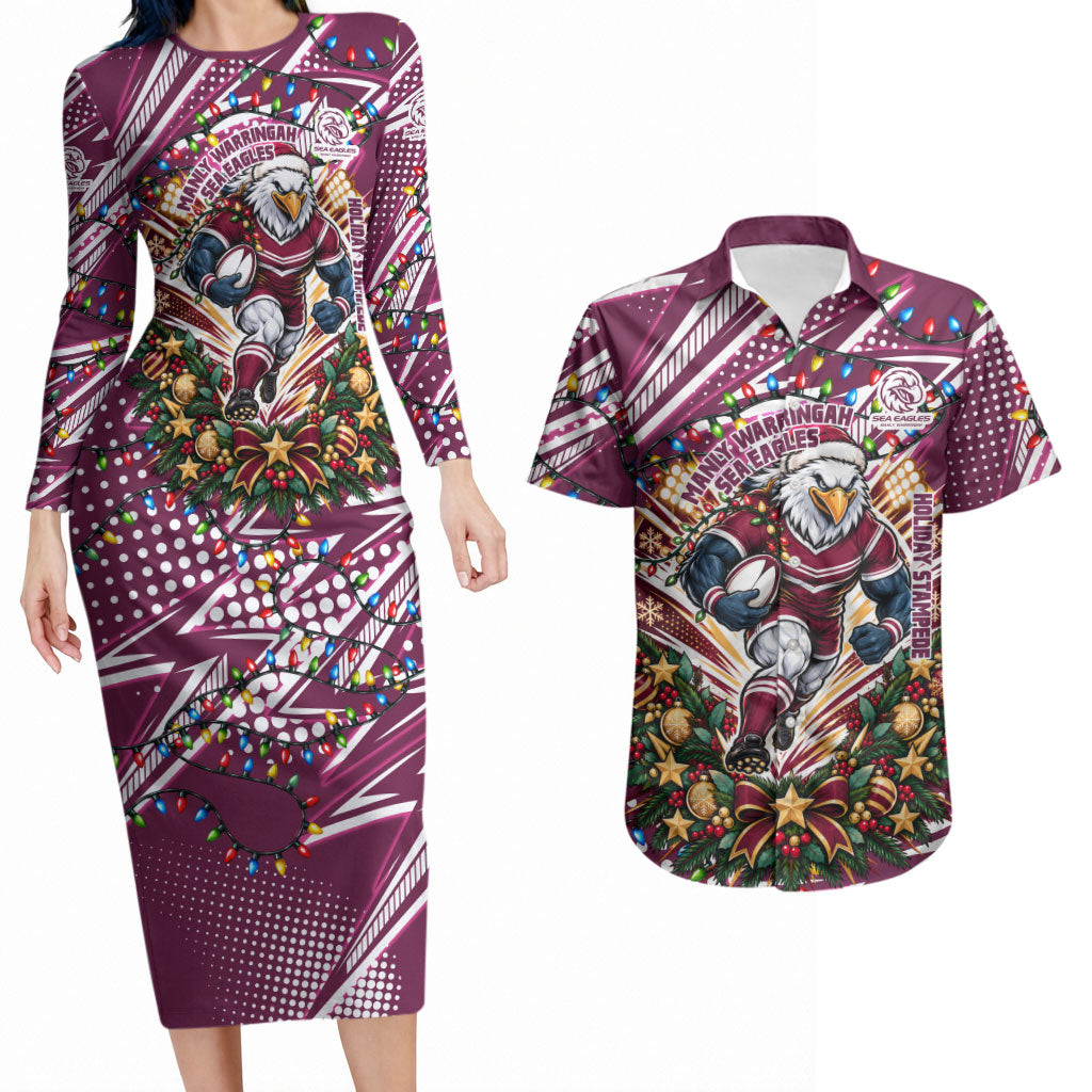 Personalized Manly Warringah Sea Eagles Rugby Christmas Couples Matching Long Sleeve Bodycon Dress and Hawaiian Shirt Holiday Mascot Graphic Art Festive Lights Bow