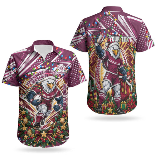 Personalized Manly Warringah Sea Eagles Rugby Christmas Couples Matching Long Sleeve Bodycon Dress and Hawaiian Shirt Holiday Mascot Graphic Art Festive Lights Bow