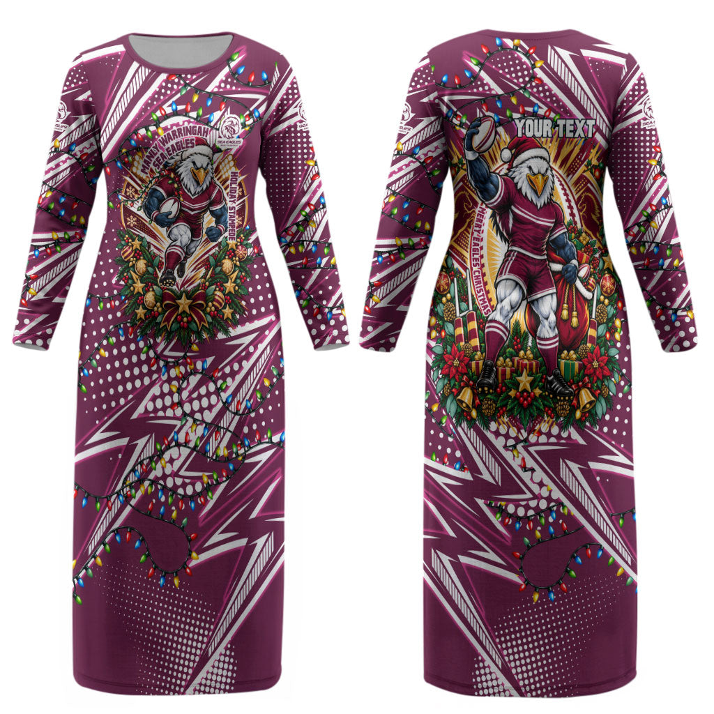 Personalized Manly Warringah Sea Eagles Rugby Christmas Couples Matching Long Sleeve Bodycon Dress and Hawaiian Shirt Holiday Mascot Graphic Art Festive Lights Bow
