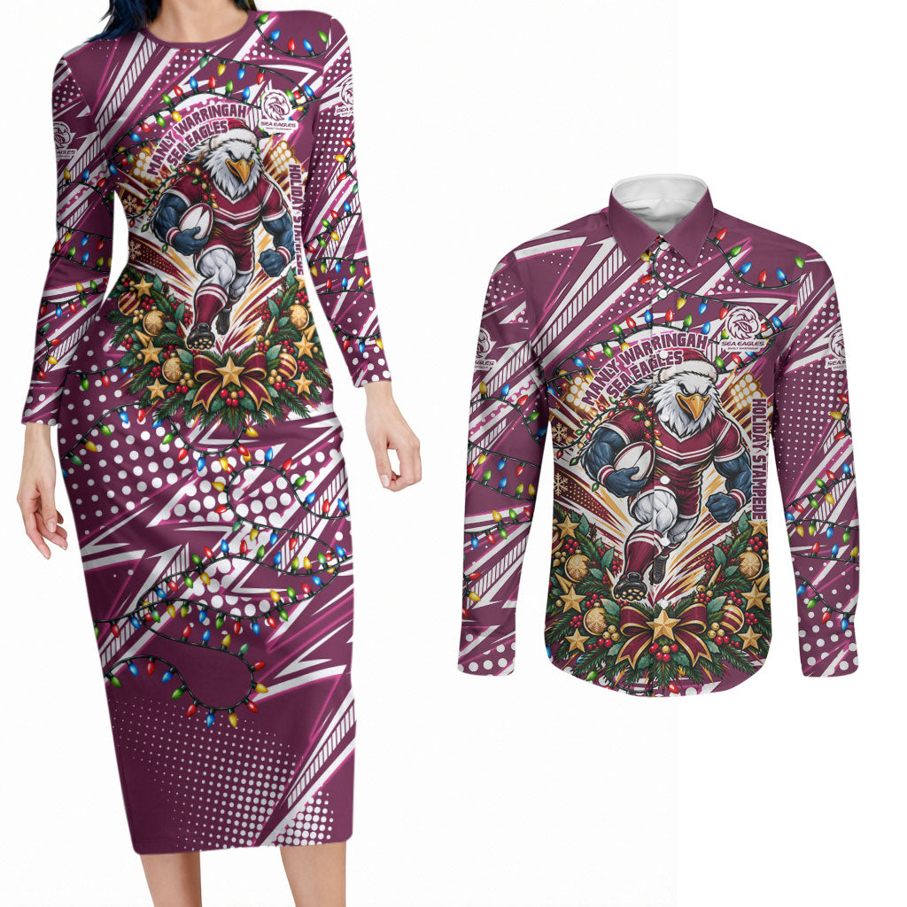 Personalized Manly Warringah Sea Eagles Rugby Christmas Couples Matching Long Sleeve Bodycon Dress and Long Sleeve Button Shirt Holiday Mascot Graphic Art Festive Lights Bow