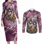 Personalized Manly Warringah Sea Eagles Rugby Christmas Couples Matching Long Sleeve Bodycon Dress and Long Sleeve Button Shirt Holiday Mascot Graphic Art Festive Lights Bow