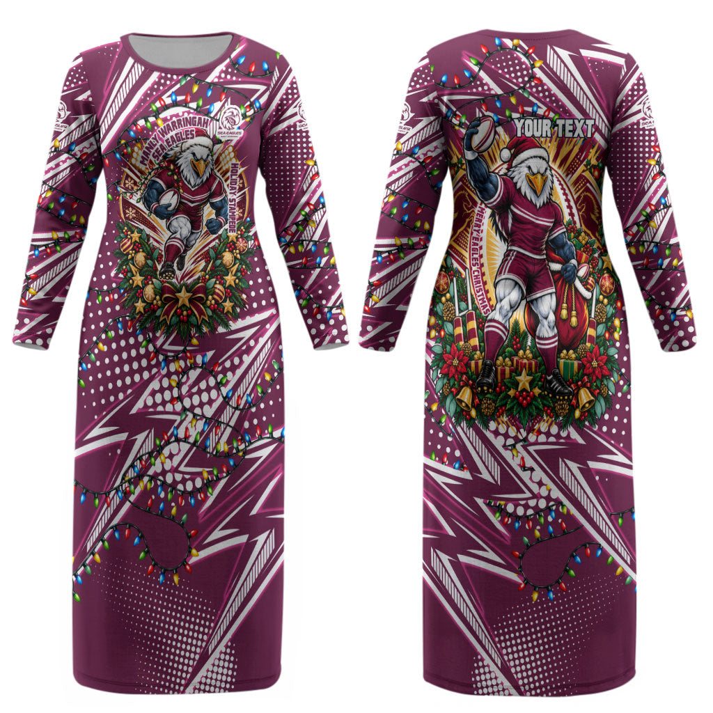 Personalized Manly Warringah Sea Eagles Rugby Christmas Couples Matching Long Sleeve Bodycon Dress and Long Sleeve Button Shirt Holiday Mascot Graphic Art Festive Lights Bow